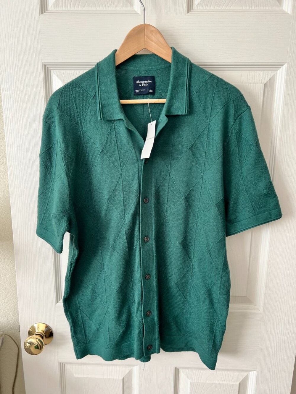 Abercrombie Jacquard Sweater Polo Button Front Green Knit Shirt L NWT